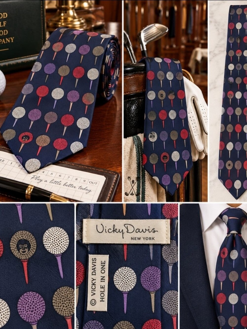 Vicky Davis Hole In None Golf Tie 100% Silk Navy Novelty Golfer 55"